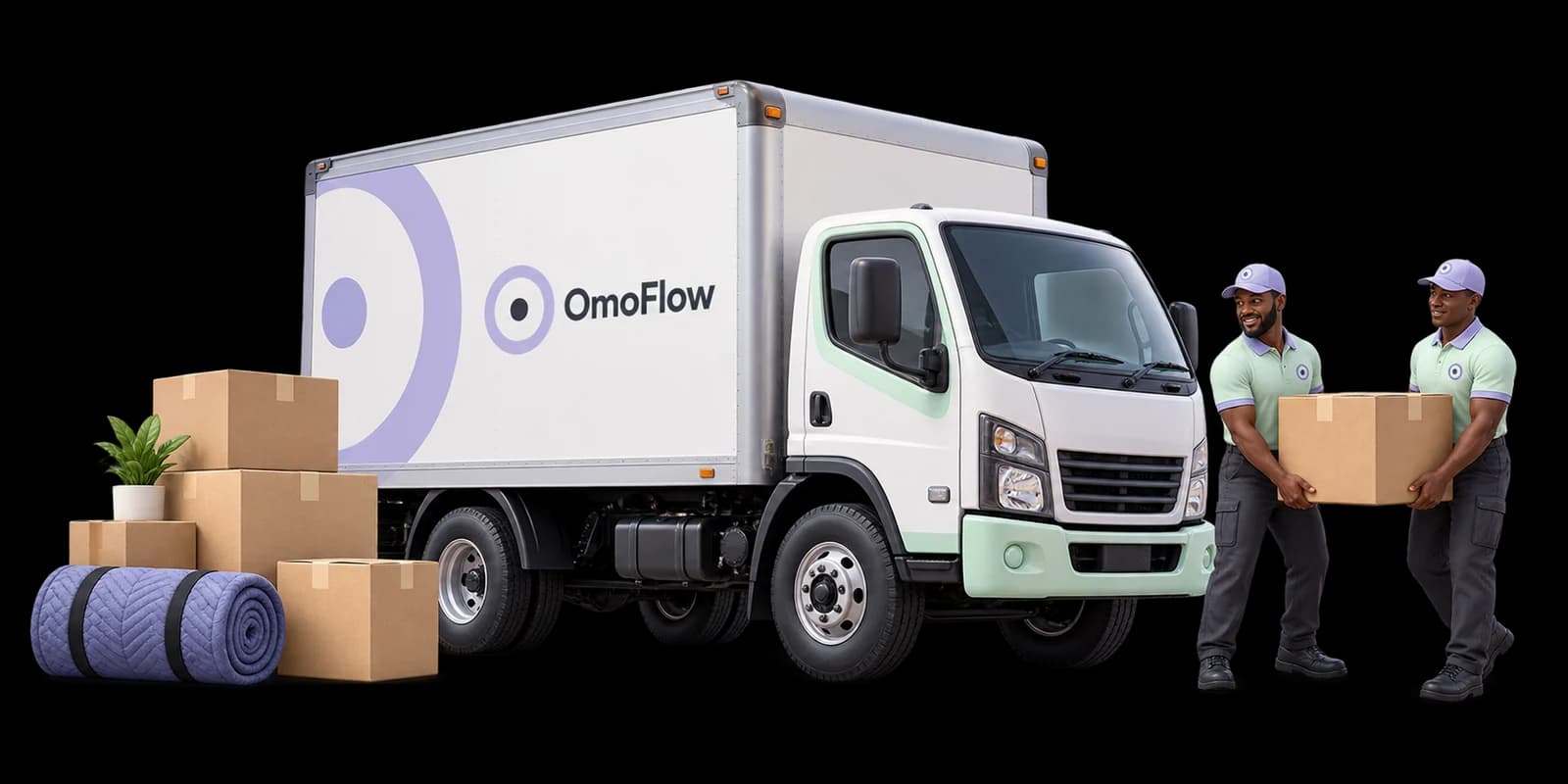 An OmoFlow moving truck beside carefully packed belongings and two movers carrying a box together.